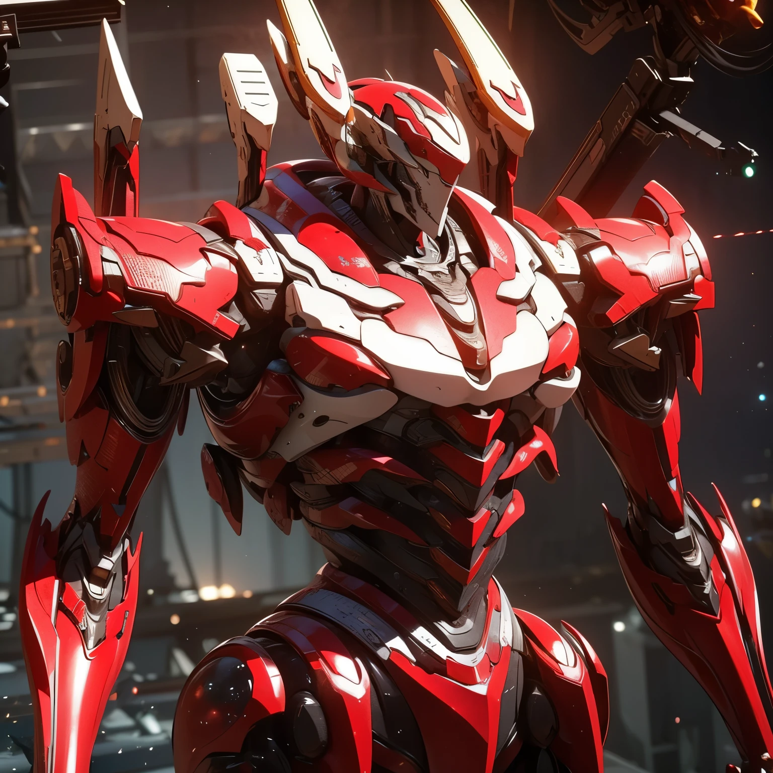 (work of art, best qualityer:1.5)Blood red mech with beige accents. With structure made of animal bones, vivid red eyes, fit the tribal appearance and average body. He carried with him a spear made of bones with red details.. Extremely detaild, intricate, 8k, HDR, naturallight, cinematic lighting, (Space battlefield:1.5), masterpiece-anatomy-perfect, ultra HD, Space Combat, Battlefield, Unreal Engine, RAW photo, metallic, professional, ultra-fine painting, perfect body proportions, anatomically correct, uhd, real texture material, Anti-Aliasing, FKAA, TXAA, RTX, SSAO, Post Processing, Post Production, Tone Mapping, CGI, VFX, SFXHyper maximalist, Volumetric, ultra photorealultra-detailed intricate details.