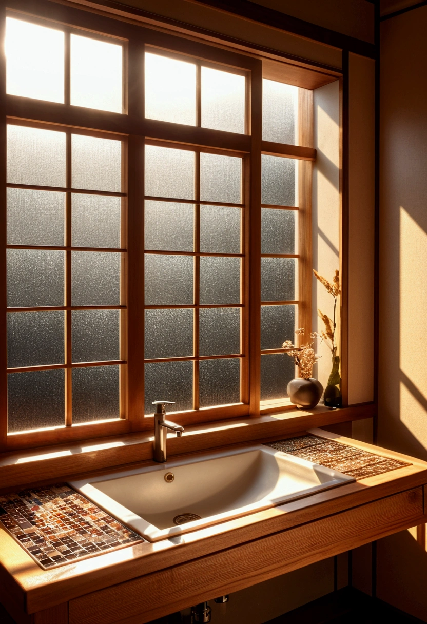 Morning washbasin, Japanese Showa wooden window, vanity embedded in a stand with small tiles scattered about, morning sun through window, soap, toothbrush. in 8K HDR quality.
