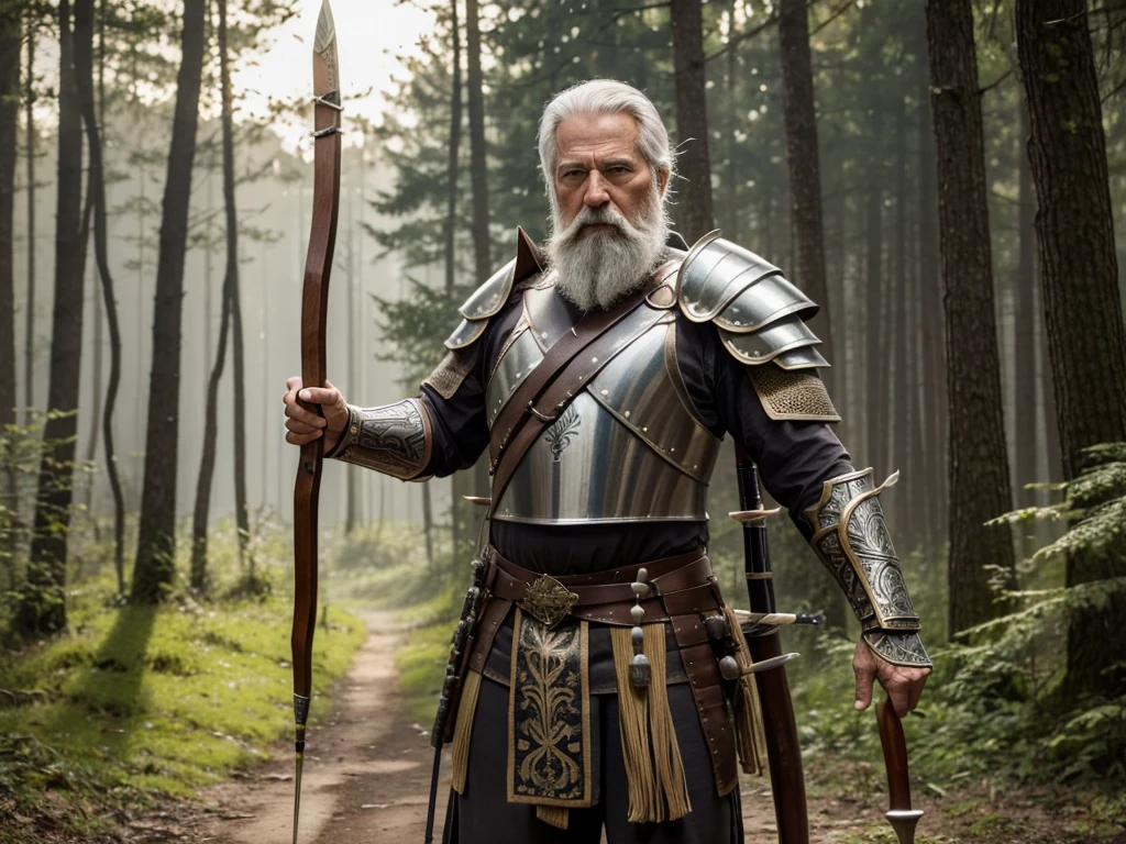 {
"prompt": "Create an image of an elderly male archer. He has a strong and dignified appearance, with a long, grey beard and weathered features showing his age and experience. He is wearing a light armor, consisting of a leather jerkin, bracers, and greaves, allowing for easy movement. His armor is adorned with intricate designs. He carries a longbow made of polished wood, and a quiver full of arrows on his back. He stands in a forest clearing, ready to draw his bow, with a determined look in his eyes.",
"size": "1024x1792"
}