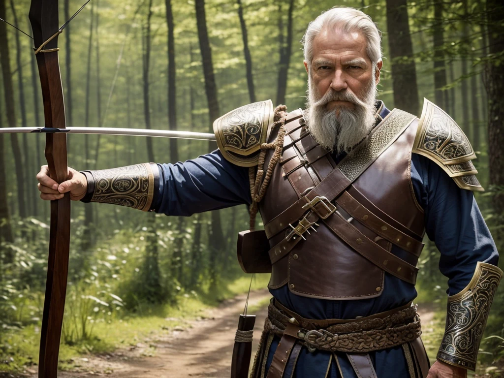 {
  "prompt": "Create an image of an elderly male archer. He has a strong and dignified appearance, with a long, grey beard and weathered features showing his age and experience. He is wearing a light armor, consisting of a leather jerkin, bracers, and greaves, allowing for easy movement. His armor is adorned with intricate designs. He carries a longbow made of polished wood, and a quiver full of arrows on his back. He stands in a forest clearing, ready to draw his bow, with a determined look in his eyes.",
  "size": "1024x1792"
}