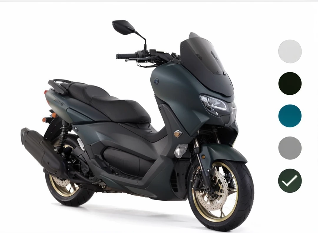 a military green matte Nmax motorcycle with dark blue rims, detailed motorcycle, extremely detailed, realistic, photorealistic, hyper detailed, 8k, studio lighting, vibrant colors, dynamic angle, cinematic lighting, seamless, flawless, highly detailed motorcycle engine, intricate details, complex textures, masterpiece