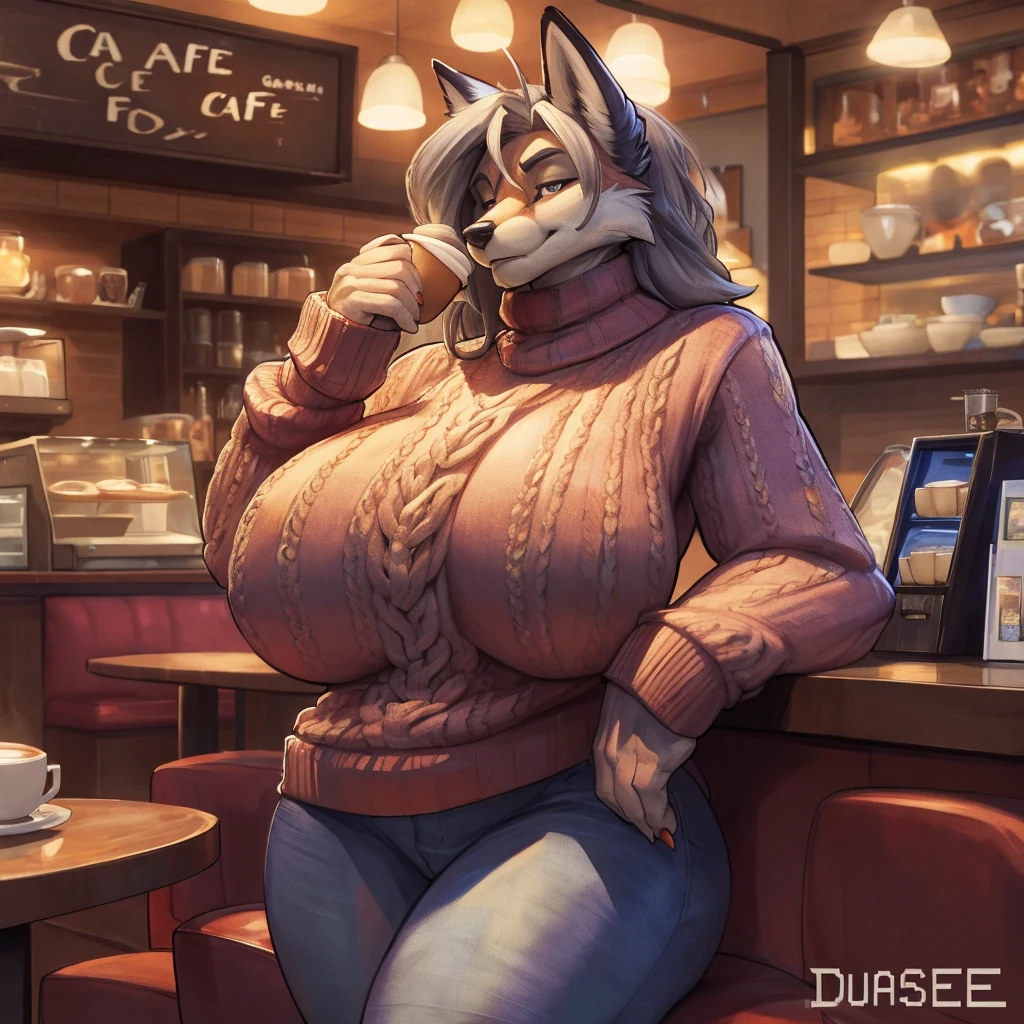 high resolution, (masterpiece: 1.4), (60 years old fox woman),gray hair, high detail eyes,(sweater and jeans:1.2),(cafe:1.2),detailed backround, (large breasts:1.2), full body, by darkgem, by duase,