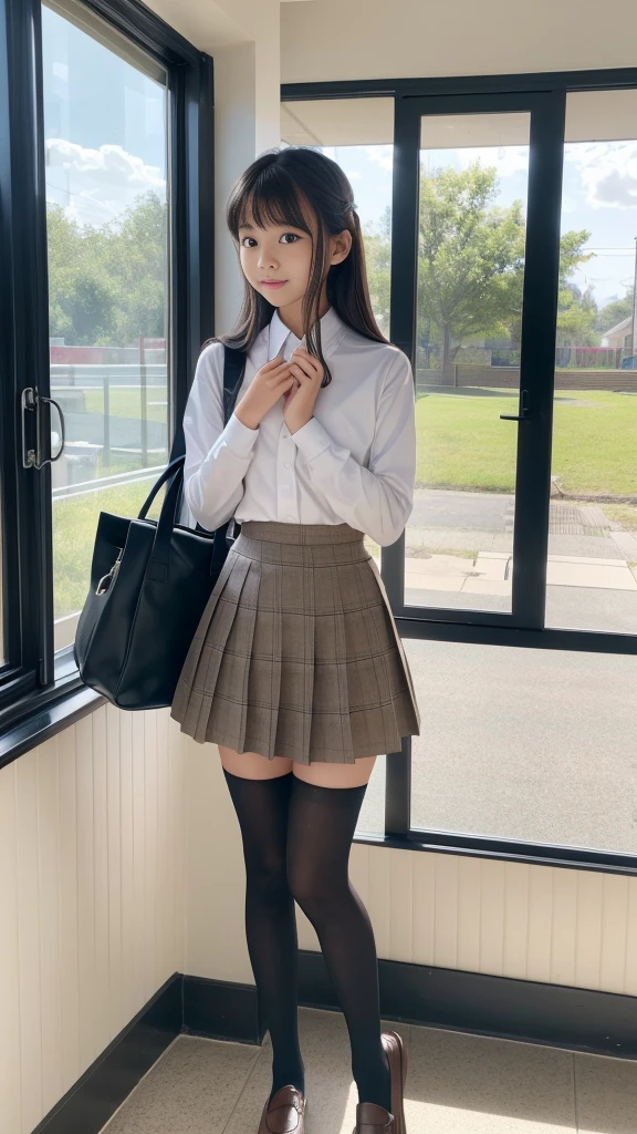 Super fine、8k、muste piece、(RAW photo:1.4)、High resolution、((Composition gradually moving away from the subject))、((Full body photo from face to shoes))、((perfect anatomy:1.2))、Standing sideways、Gaze looking up at the sky、beautiful profile、1 female 14 years old、detailed skin、glowing skin、baby face、double eyelid、long eyelasheoist eyes、small face、smile、open your mouth、Neat and clean hairstyle、school hallway、stare out the window、Put your hands on the window and stretch out.、turn your body toward the window、Natural light comes in from the windows、Dreaminess、realistic school scenery、middle School girls、A blue and gray school bag slung over my shoulder、、slender and delicate body、small breasts、Blazer uniform with green lines、girls 、plaid skirt、healthy、young female teenager、black tights、black tights、detailed black knee high socks、Detailed brown loafers leather shoes、loafers、full body shot、Neat and clean hairstyle、Emphasizes the rather slender leg line