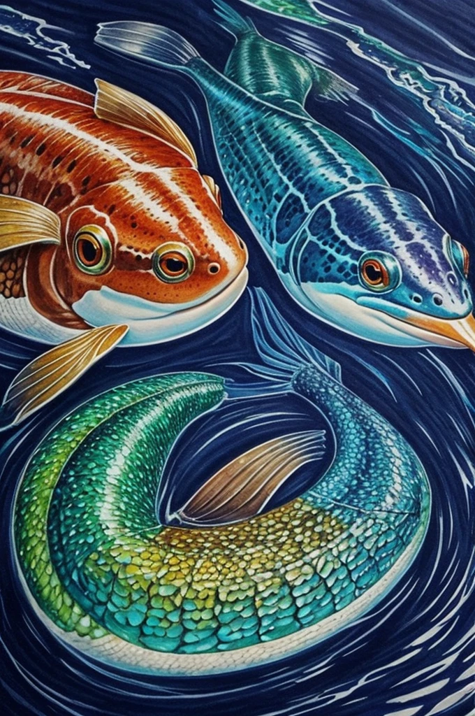 a salamander,stork,Rainbow Fish,otter together realistic style