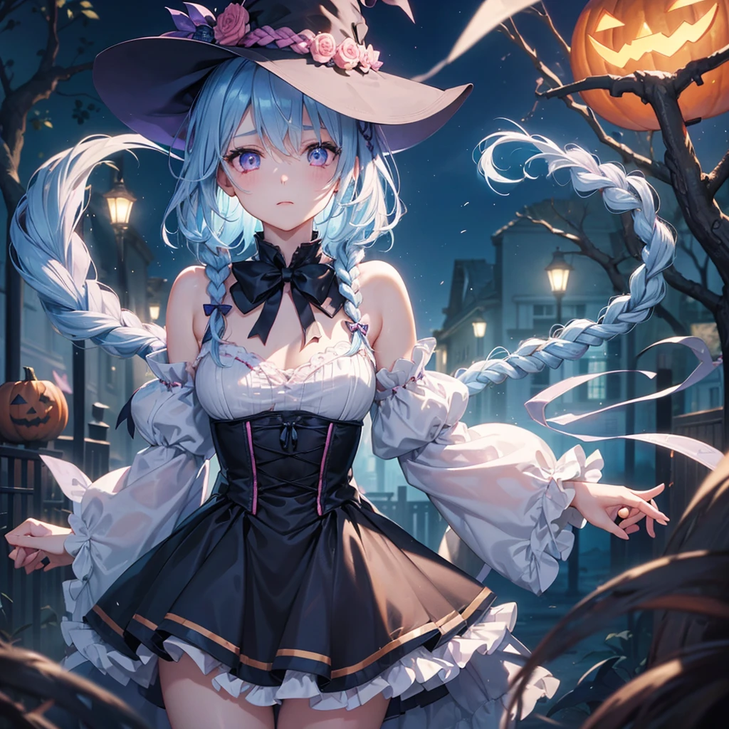 (Light blue medium hair:1.2),(Braided hair:1.2)、Pink eyes、Fair skin、cowboy shot、Halloween、The background is a pumpkin ghost、Crescent Moon、Trick or Treat、A lot of sweets、witch、Halloween night、Candy、many bat、Condescending expression、solo、(masterpiece、Highest quality、Very detailed、Best Shadow)、(Detailed Background)、(Beautifully detailed face)、High contrast、(Best lighting、Very delicate and beautiful)、(Cinematic Light)、colorful、Hyper Detail、Dramatic Light、Exquisite detail、