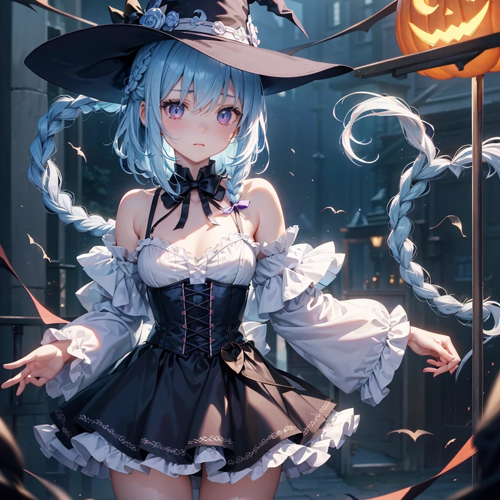 (Light blue medium hair:1.2),(Braided hair:1.2)、Pink eyes、Fair skin、cowboy shot、Halloween、The background is a pumpkin ghost、Crescent Moon、Trick or Treat、A lot of sweets、witch、Halloween night、Candy、many bat、Condescending expression、solo、(masterpiece、Highest quality、Very detailed、Best Shadow)、(Detailed Background)、(Beautifully detailed face)、High contrast、(Best lighting、Very delicate and beautiful)、(Cinematic Light)、colorful、Hyper Detail、Dramatic Light、Exquisite detail、