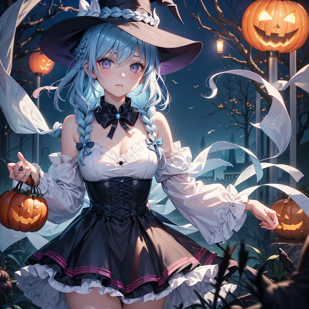 (Light blue medium hair:1.2),(Braided hair:1.2)、Pink eyes、Fair skin、cowboy shot、Halloween、The background is a pumpkin ghost、Crescent Moon、Trick or Treat、A lot of sweets、witch、Halloween night、Candy、many bat、Condescending expression、solo、(masterpiece、Highest quality、Very detailed、Best Shadow)、(Detailed Background)、(Beautifully detailed face)、High contrast、(Best lighting、Very delicate and beautiful)、(Cinematic Light)、colorful、Hyper Detail、Dramatic Light、Exquisite detail、