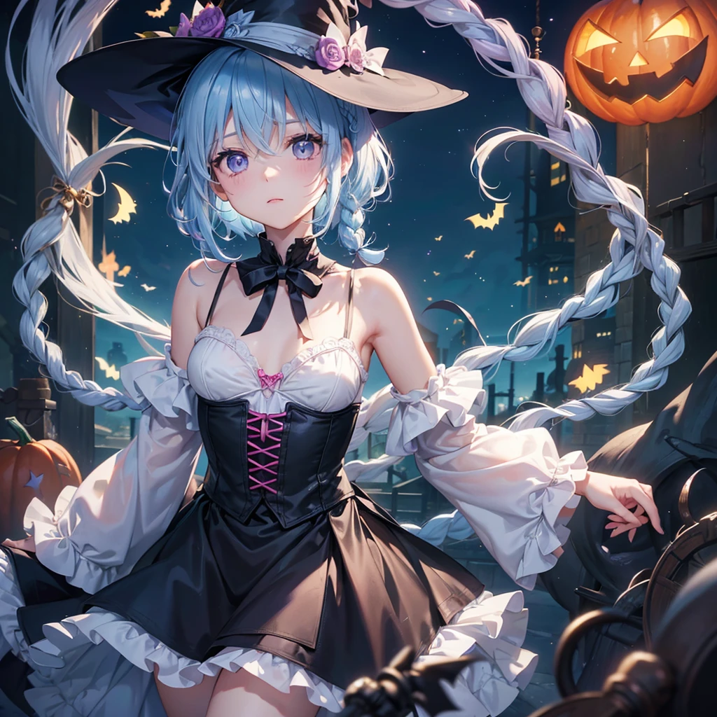 (Light blue medium hair:1.2),(Braided hair:1.2)、Pink eyes、Fair skin、cowboy shot、Halloween、The background is a pumpkin ghost、Crescent Moon、Trick or Treat、A lot of sweets、witch、Halloween night、Candy、many bat、Condescending expression、solo、(masterpiece、Highest quality、Very detailed、Best Shadow)、(Detailed Background)、(Beautifully detailed face)、High contrast、(Best lighting、Very delicate and beautiful)、(Cinematic Light)、colorful、Hyper Detail、Dramatic Light、Exquisite detail、