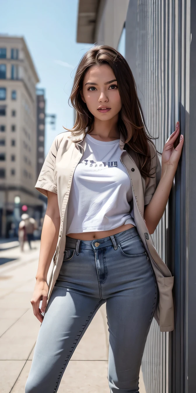 beautiful girl, Brown Hair , White T-shirt, Grey coat, Skinny jeans、sneakers、smile、Detailed aspect, Detail Eyes, Expressive Face, Expressive eyes, Mouth swelling. High resolution,Ultra-detailed body, Hype realistic, Realistic, The background is the building's corridor.