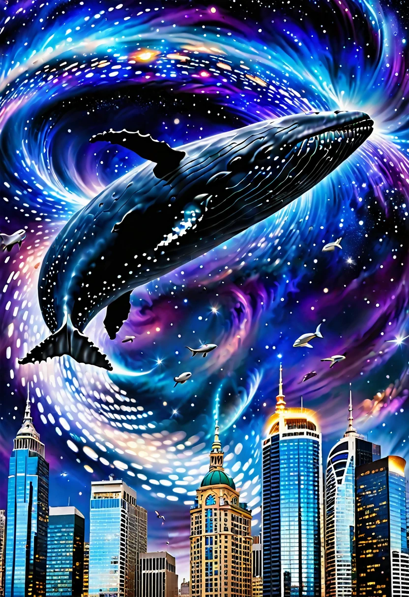 A majestic flying whale breaches through the CITY, its massive body gliding effortlessly through a swirl of BUILDINGS and SKY TOWERS. The dark expanse of CITY serves as a dramatic backdrop, with distant galaxies and nebulas illuminating the whale's ethereal form. The camera captures the whale's effortless flight from a unique vantage point, showcasing the celestial wonder in a sweeping motion.