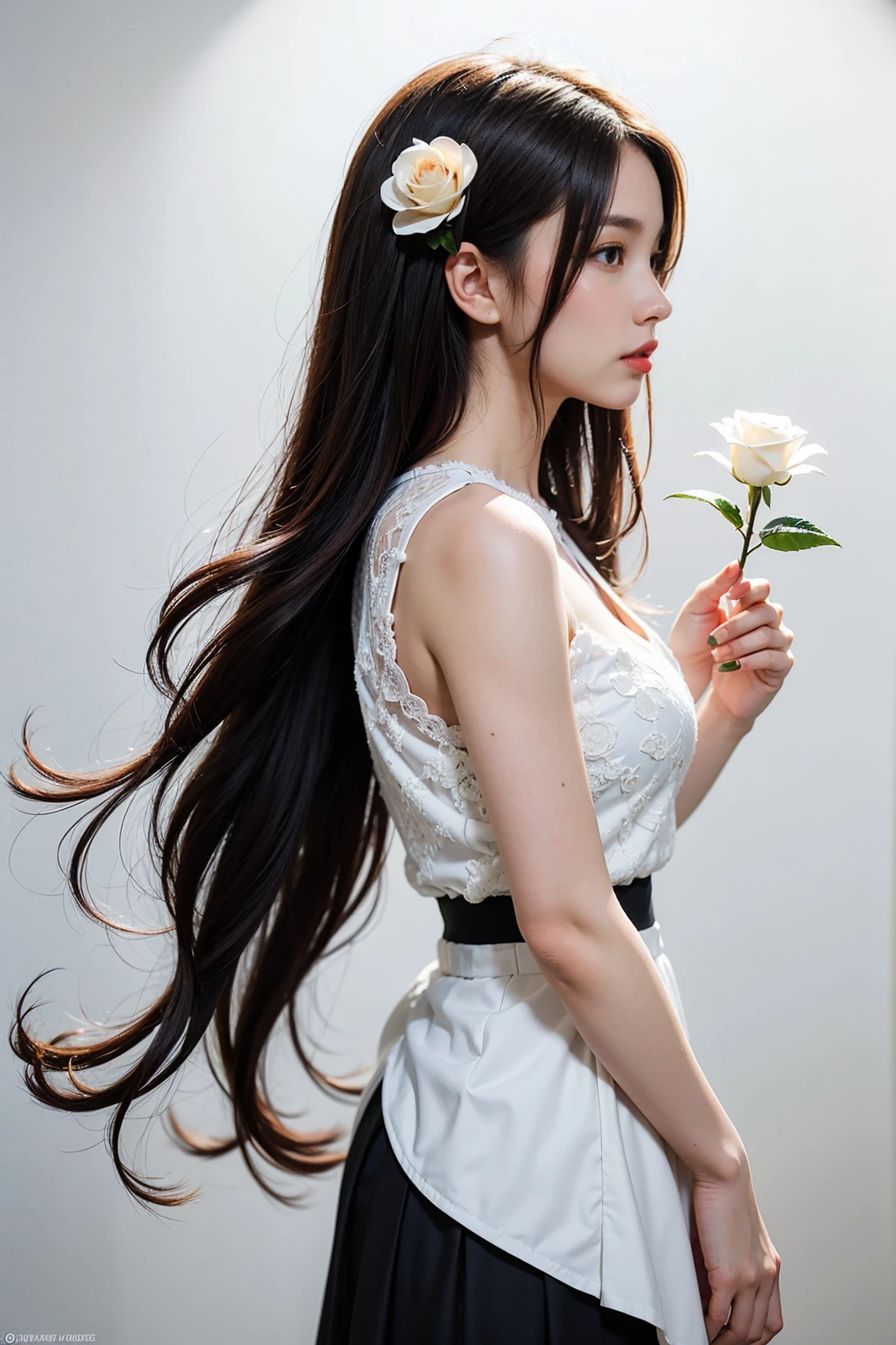 A captivating illustration of a woman's close-up profile, with cascading hair that blends seamlessly into the abstract blue and white background. She is elegantly dressed in a white top and flowing skirt, creating a sense of movement. Holding a white rose delicately in her hand, she is surrounded by a cloud of other white roses, enhancing the dreamy and ethereal atmosphere. The vibrant colors and dynamic composition make this a stunning piece of art that could easily be transformed into a poster or a painting.