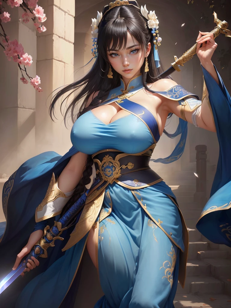 Woman in blue dress holding a sword, Inspired by Li Mei-shu, Inspired by Li Tang, Yunling, Inspired by Ju Lian, Inspired by Wu Zuoren, Inspired by Cao Zhibai, Inspired by Wu Li, Inspired by Run In, Inspired by Zhou Fang, Inspired by Du Qiong, Highly detailed CG unit 8k wallpaper, masterpiece, High resolution, highest quality, highest quality real texture skin, Super real, Digital Painting, Best image quality, 最High resolution, 8k, (((Highly detailed eyes and face, Beautiful eyes every detail))), ((disproportionate breasts, huge breasts, sagging breasts, gigantic breasts, erect nipple)), black hair, smile,