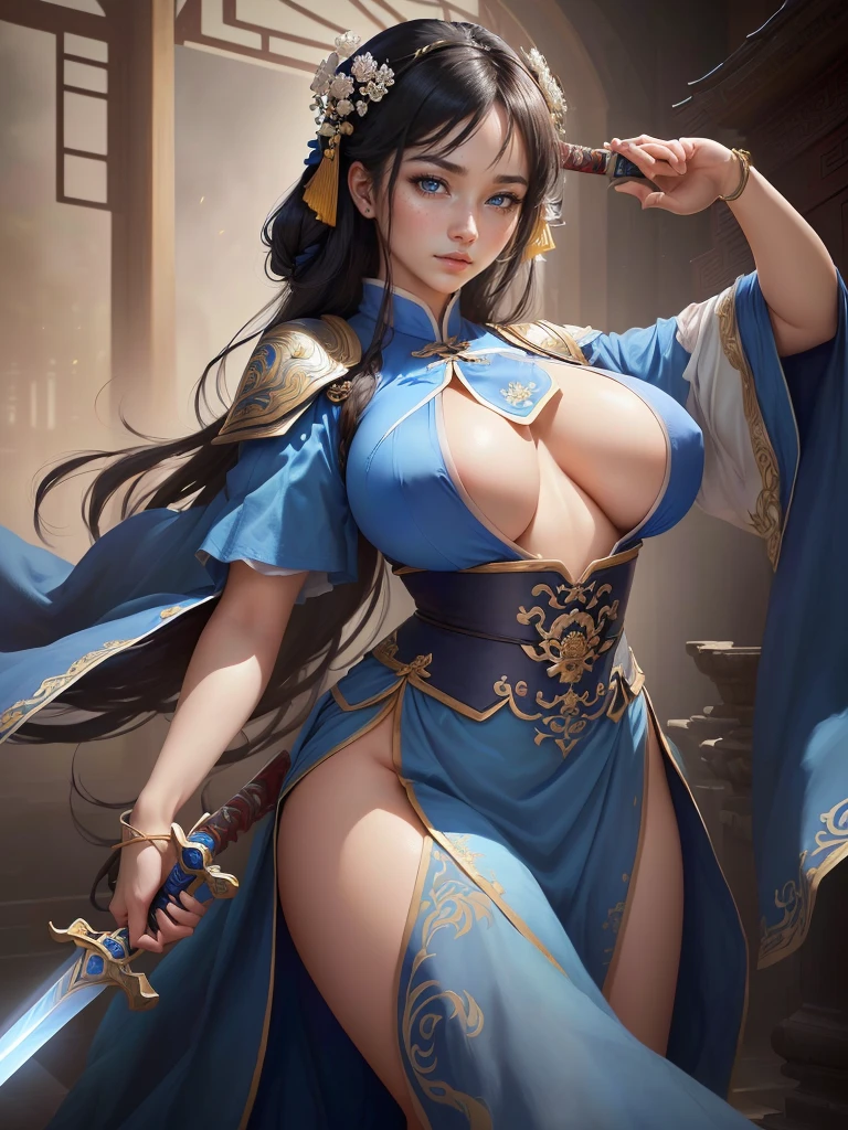 Woman in blue dress holding a sword, Inspired by Li Mei-shu, Inspired by Li Tang, Yunling, Inspired by Ju Lian, Inspired by Wu Zuoren, Inspired by Cao Zhibai, Inspired by Wu Li, Inspired by Run In, Inspired by Zhou Fang, Inspired by Du Qiong, Highly detailed CG unit 8k wallpaper, masterpiece, High resolution, highest quality, highest quality real texture skin, Super real, Digital Painting, Best image quality, 最High resolution, 8k, (((Highly detailed eyes and face, Beautiful eyes every detail))), ((disproportionate breasts, huge breasts, sagging breasts, gigantic breasts, erect nipple)), black hair, smile,