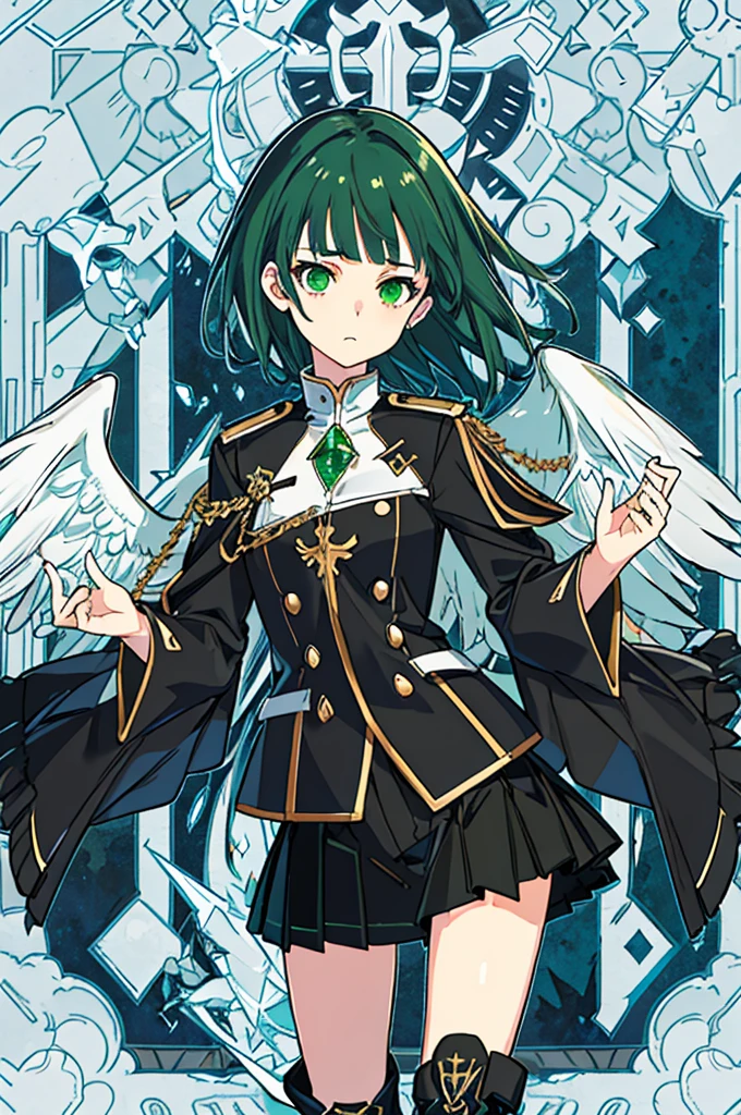 [(with a cathedral background:1.4)::5],original,(shape:1.1),(highest quality),(Tabletop:1.1),(Highly detailed CG Unity 8k wallpaper:1.1), (colorful:0.9),(Mid Shot:0.95),(very detailed beautiful whole body),Dynamic Angle,(alone:1.2), (girl),(((Adult))), (Beautiful eyes in every detail:1.15), (Beautiful Face:1.15), (Glowing green eyes:1.25////),(Gemstone Eyes),(Green Short Hair),(Blunt bangs),((The girl wear a black knight uniform)),Realistic,, girl,Green Hair,((Black long boots)), Black mini skirt,Black knee socks(rage),(Contempt and contempt),rage,(beautiful slender girl),((Adult)),((upper body)),Valkyrie, Decorations,((Thin legs)),((slender girl)),Front Angle,Front Angle,