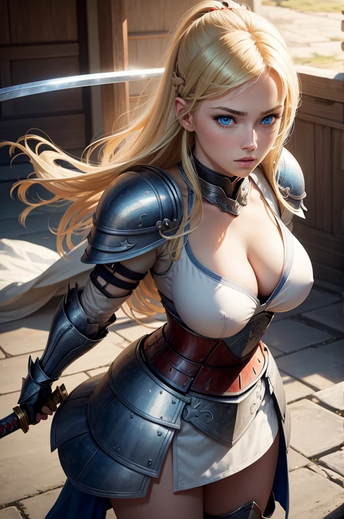 blonde girl, twenty years old, blue eyes, wearing battle armor, beautiful, holding a japanese sword, big tits, focused face, strong but pretty body