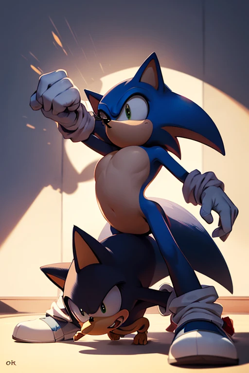 ((mejor calidad)), ((obra maestra)), (detallado), , Sonic the werehog being fucked by shadow face down while raising his hip so that shadow can jerk him off while fucking him