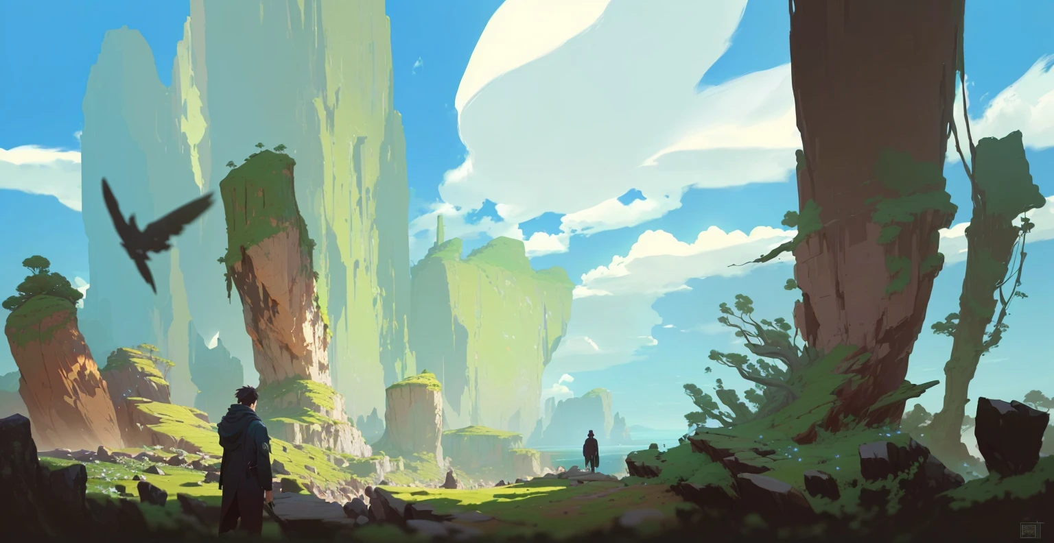 A man standing around rocky cliff coasts, moss rock pillars and clouds high above, anime concept art, digital painting, digital painting concept art, painterly concept art, atey ghailan 8 k, 4k digital painting, 4 k digital painting, concept art wallpaper 4k, digital 4k painting, anime lush john 8k woods, inspired by sylvain sarrailh, Anime Key Visual, by Makoto Shinkai, Deep Color, Intricate, 8k resolution concept art, Natural Lighting, Beautiful Composition