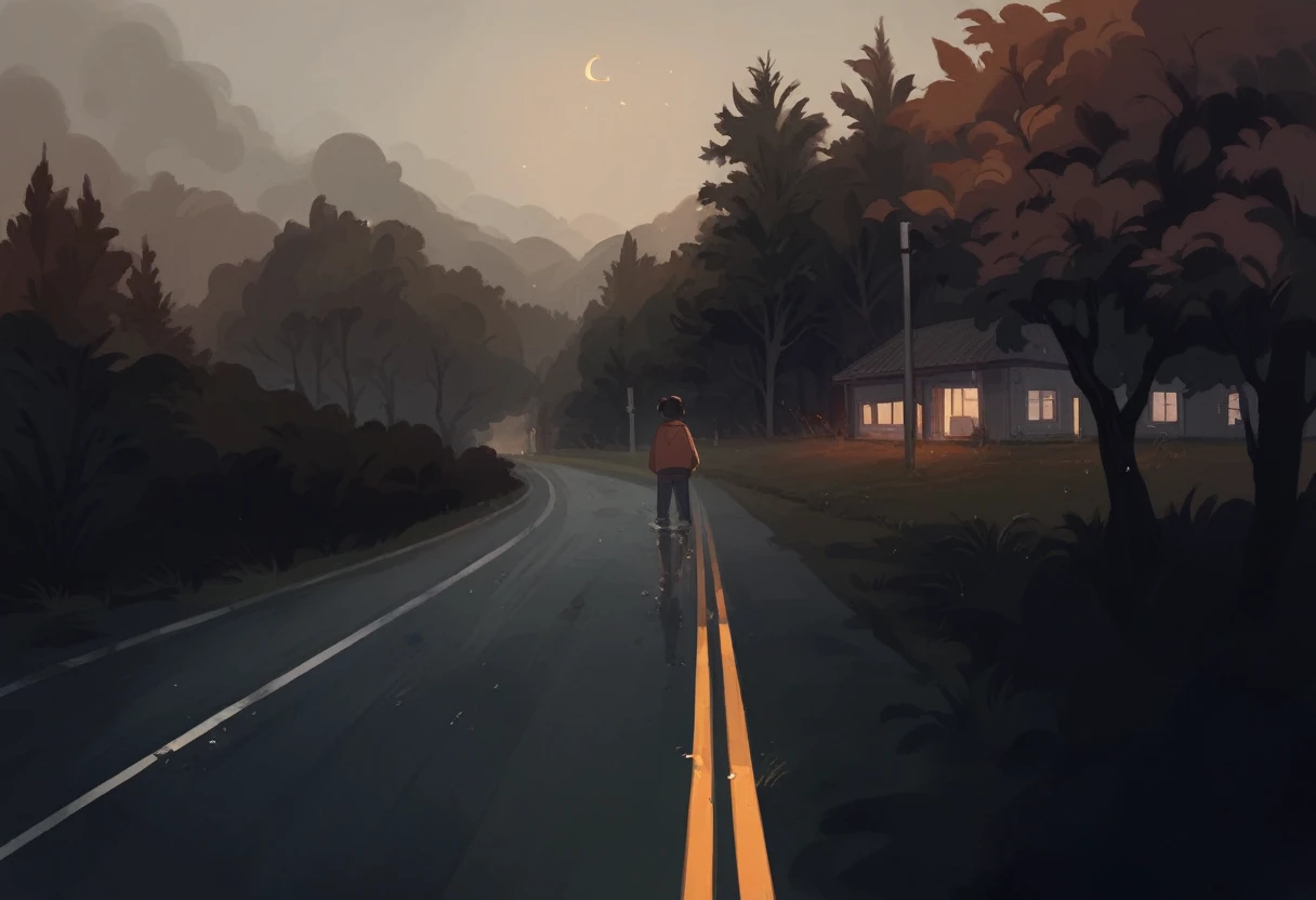 Leave this landscape at night, wet road with light rain falling, do it all in a manhã style
