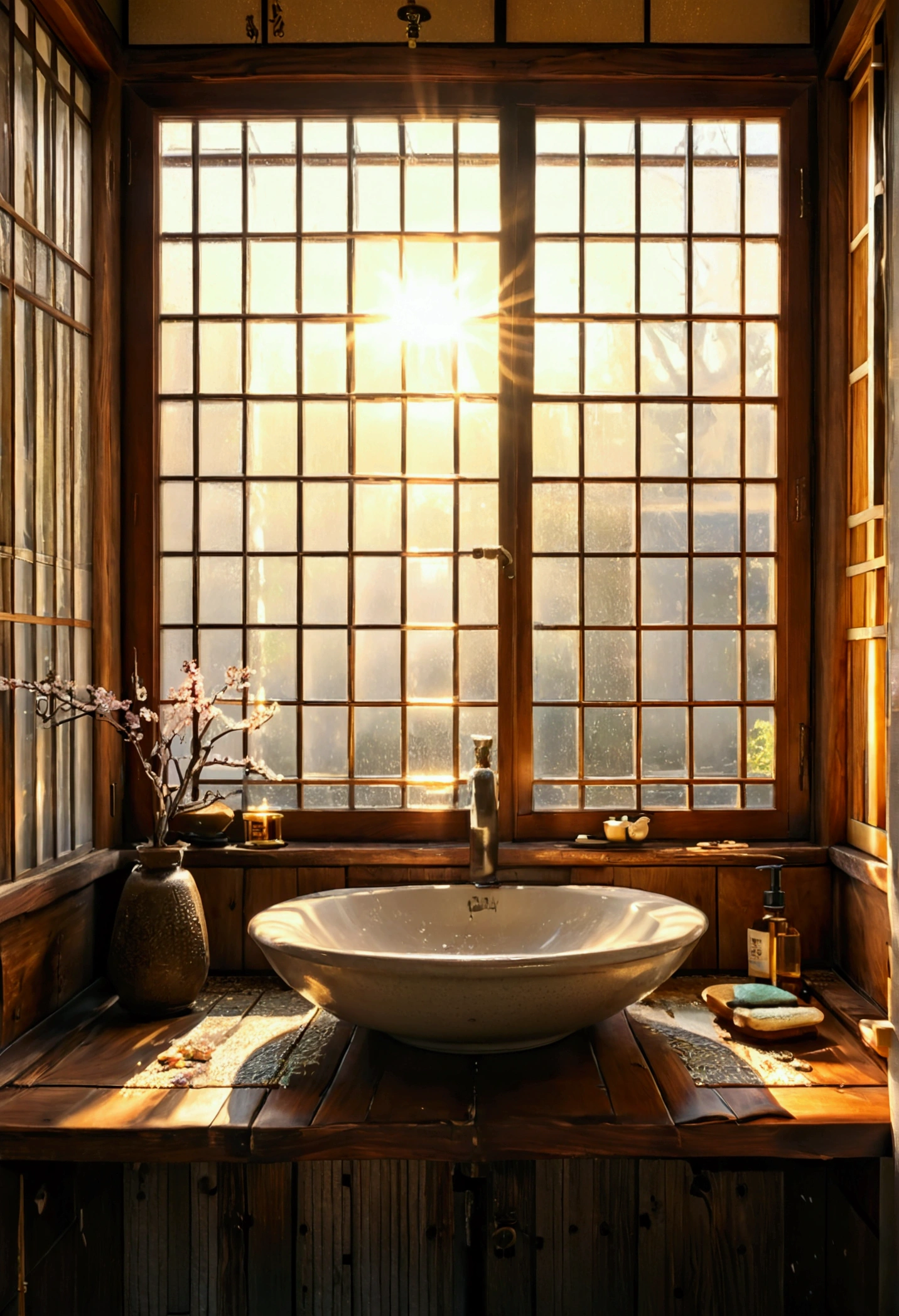 Morning washbasin, Japanese Showa wooden window, vanity embedded in a stand with small tiles scattered about, morning sun through window, soap, toothbrush. in 8K HDR quality.