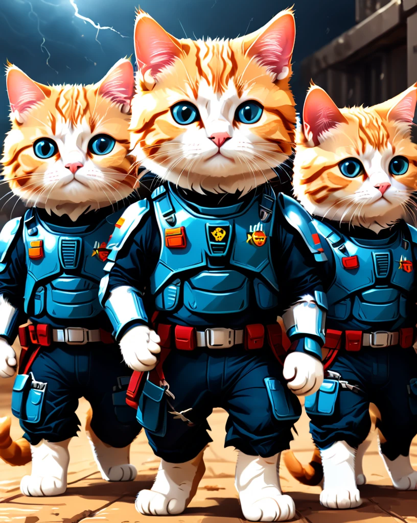 Create a group of cats dressed as members of the Storm Troppers, involved in adorable adventures. , simple background, t-shirt design