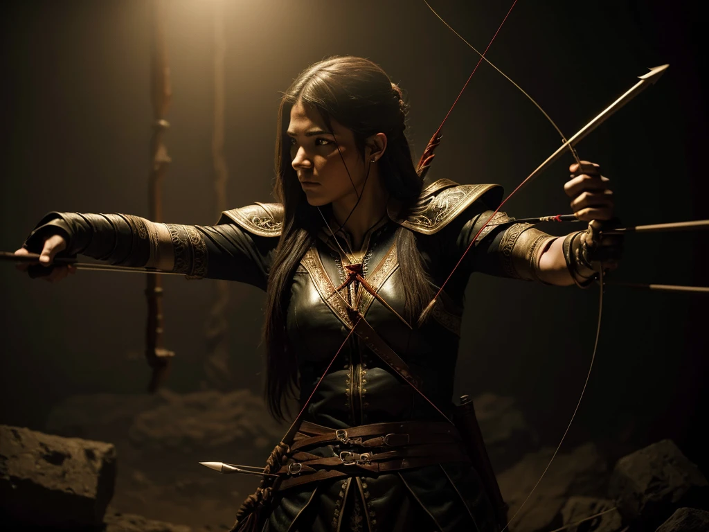 a detailed archery arrow in the hand of a female archer, arrow piercing through the palm, blood dripping, dramatic lighting, dark fantasy, dramatic pose, extreme detail, 8k, cinematic, chiaroscuro, dramatic lighting