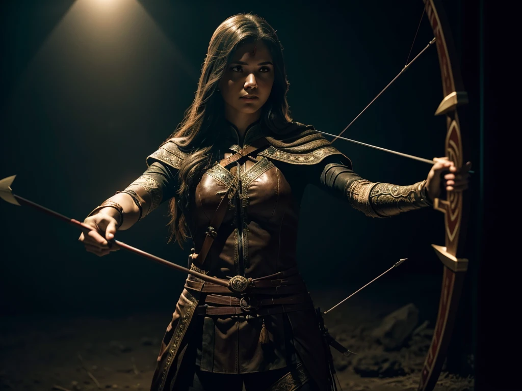 a detailed archery arrow in the hand of a female archer, arrow piercing through the palm, blood dripping, dramatic lighting, dark fantasy, dramatic pose, extreme detail, 8k, cinematic, chiaroscuro, dramatic lighting
