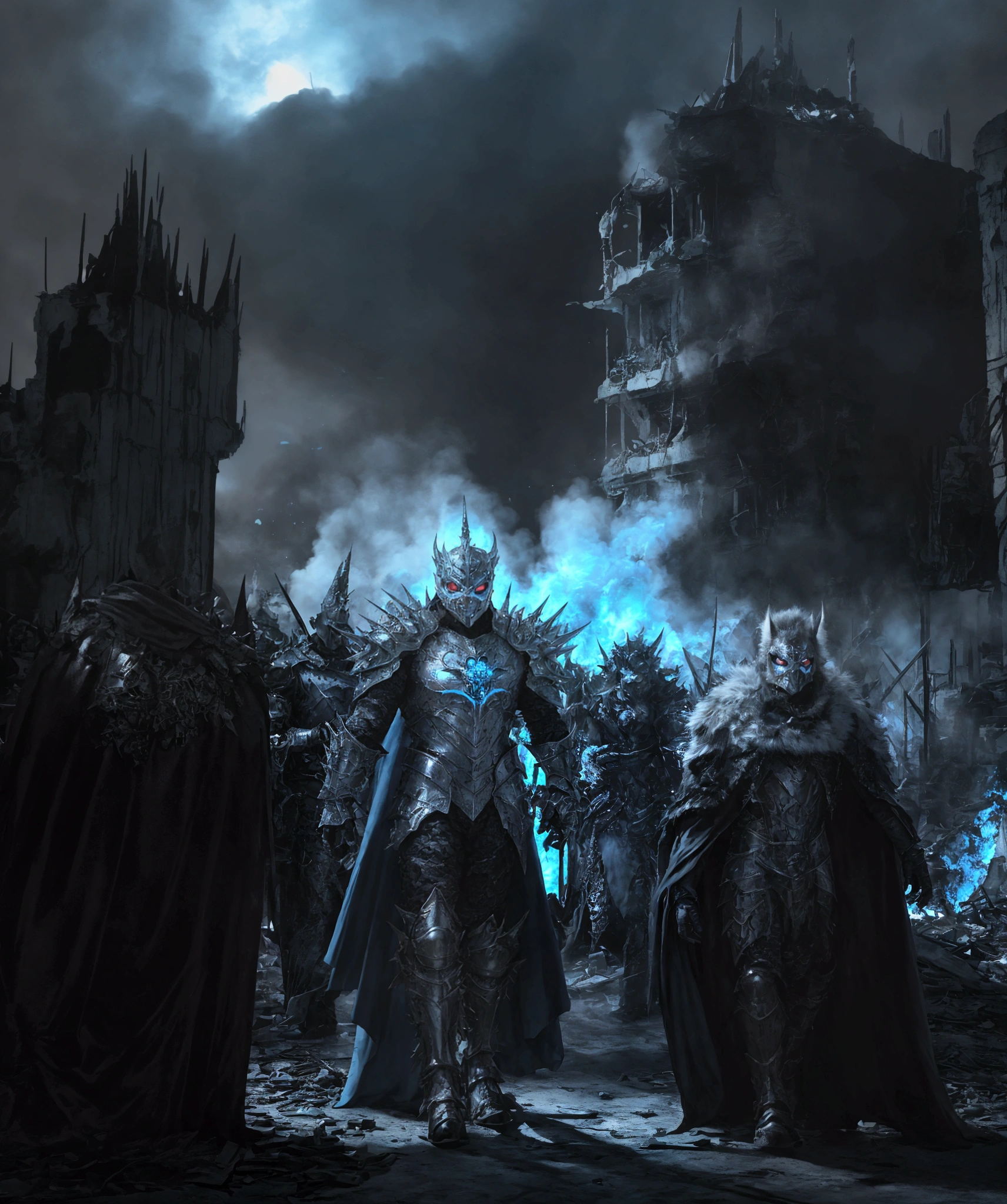 (extremely detailed 8k wallpaper), a medium shot photo of Grim dressed as a scary masked metallic white and baby blue furry-supervillain in a metallic white and baby blue spiked armour made of fur glowing armour with spikes from marvel, theme, intricate, high detail, dramatic, destroyed burning buildings in the background
