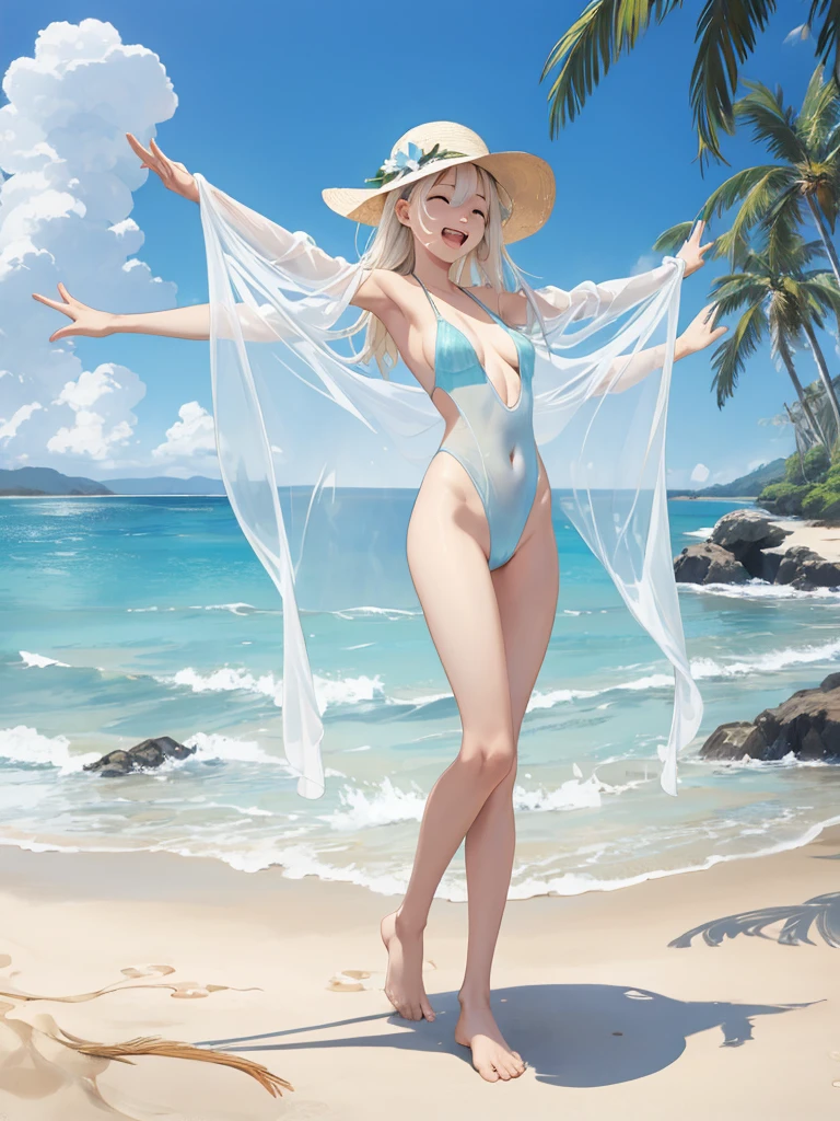 nsfw,young woman、Ocean、Embarrassed laugh、Exact number of legs、Exact number of arms、refresh、Light clothing、Beach、Skin-colored swimsuit、High Leg、See through、