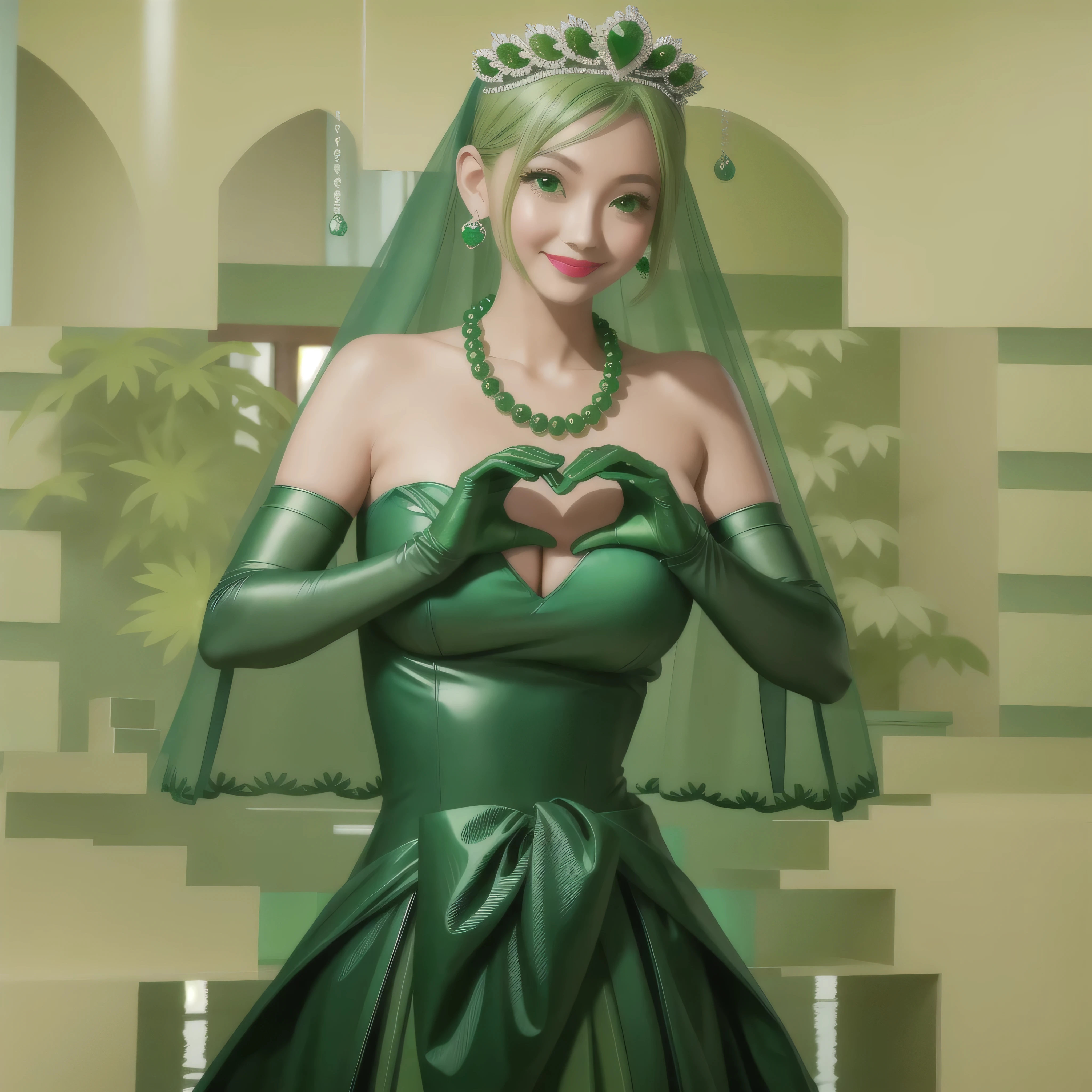 Emerald tiara, Green Pearl Necklace, Boyish very short green hair, Green Lips, Smiling Japanese woman, Very short hair, Busty beautiful lady, Green Eyes, Green satin long gloves, Green Eyes, Emerald Earrings, Green veil, Heart with both hands, Green Hair, Beautiful Japanese Woman, Heart shaped hands:1.3, green lip gloss