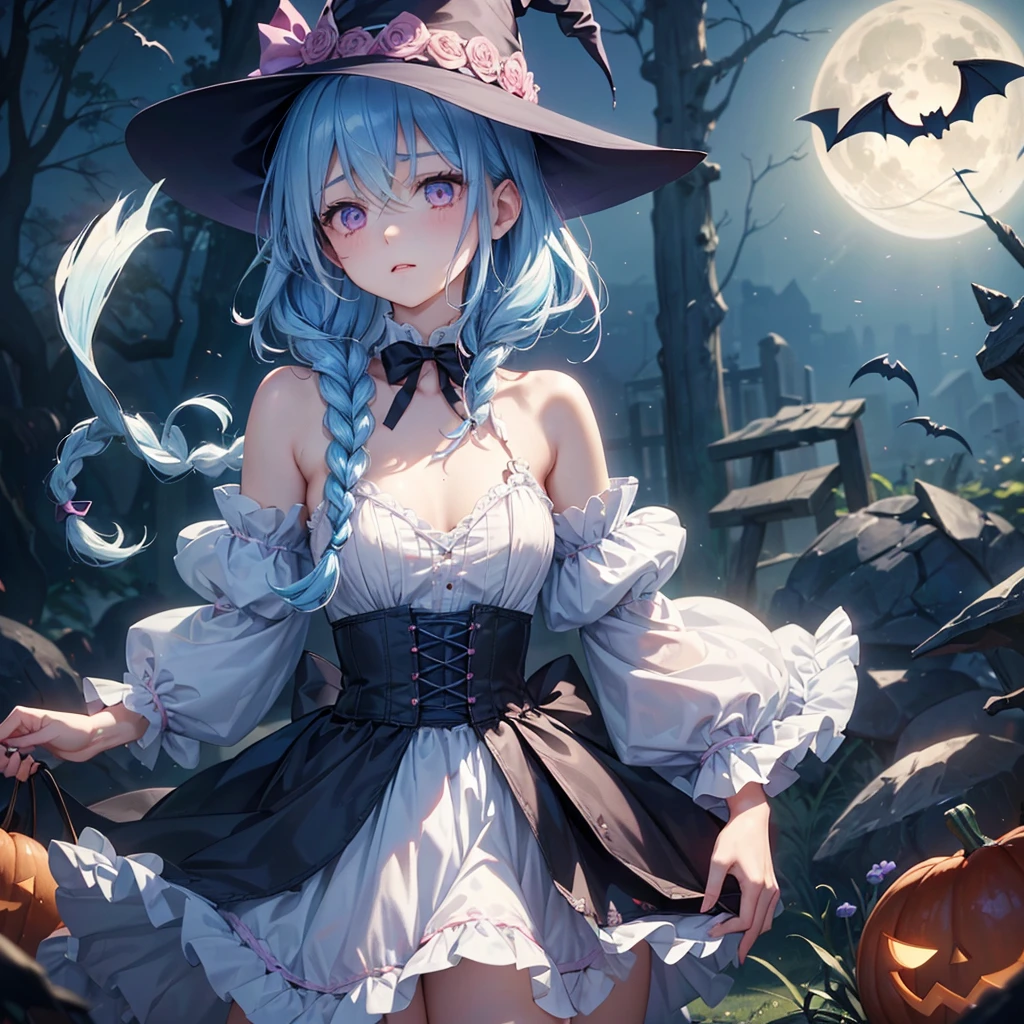 (Light blue medium hair:1.2),(Braided hair:1.2)、Pink eyes、Fair skin、cowboy shot、Halloween、The background is a pumpkin ghost、Crescent Moon、Trick or Treat、A lot of sweets、witch、Halloween night、Candy、many bat、Condescending expression、solo、(masterpiece、Highest quality、Very detailed、Best Shadow)、(Detailed Background)、(Beautifully detailed face)、High contrast、(Best lighting、Very delicate and beautiful)、(Cinematic Light)、colorful、Hyper Detail、Dramatic Light、Exquisite detail、