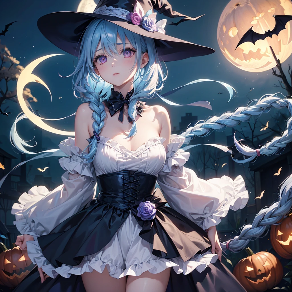 (Light blue medium hair:1.2),(Braided hair:1.2)、Pink eyes、Fair skin、cowboy shot、Halloween、The background is a pumpkin ghost、Crescent Moon、Trick or Treat、A lot of sweets、witch、Halloween night、Candy、many bat、Condescending expression、solo、(masterpiece、Highest quality、Very detailed、Best Shadow)、(Detailed Background)、(Beautifully detailed face)、High contrast、(Best lighting、Very delicate and beautiful)、(Cinematic Light)、colorful、Hyper Detail、Dramatic Light、Exquisite detail、