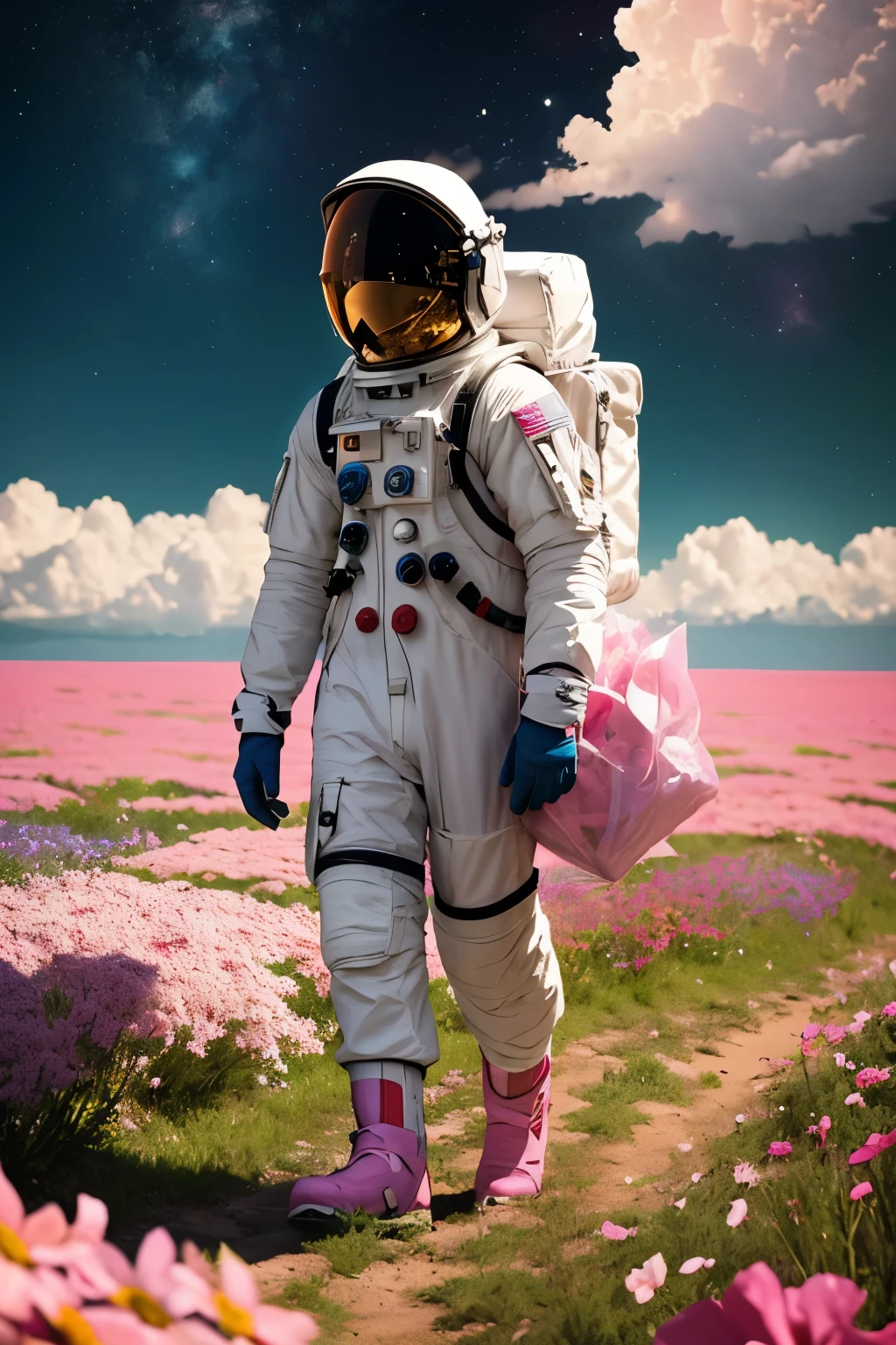 he astronaut walks in the sea of flowers dotted with pink clouds,The astronaut who is alone,The astronaut cannot leave this planet,The astronaut is lost in the boundless space.