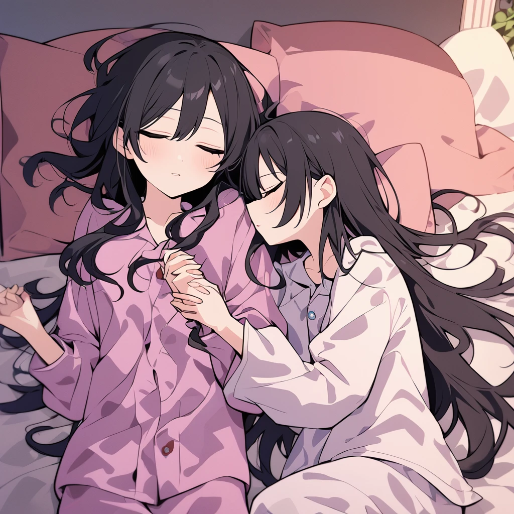 Anime style, best quality, very aesthetic, ultra-detailed, best illustration, girl with semi-long black hair, casual pajamas, age 20, holding hands with sleeping lover, serene expression