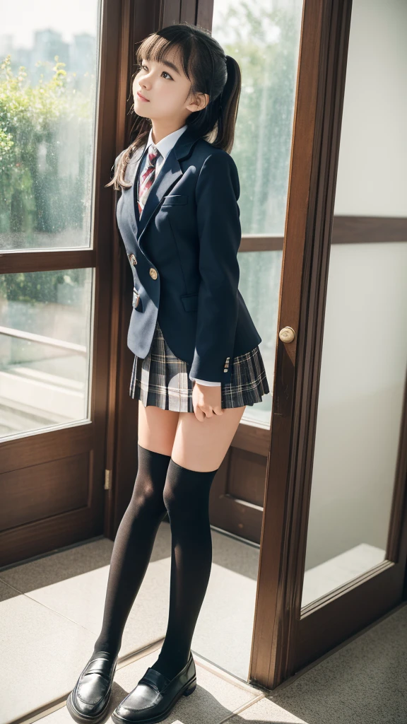 Super fine、8k、muste piece、(RAW photo:1.4)、High resolution、((Composition gradually moving away from the subject))、((Full body photo from face to shoes))、((perfect anatomy:1.2))、Standing sideways、Gaze looking up at the sky、beautiful profile、1 female 14 years old、detailed skin、glowing skin、baby face、double eyelid、long eyelasheoist eyes、small face、smile、open your mouth、Neat and clean hairstyle、school hallway、stare out the window、Put your hands on the window and stretch out.、turn your body toward the window、Natural light comes in from the windows、Dreaminess、realistic school scenery、middle School girls、A blue and gray school bag slung over my shoulder、、slender and delicate body、small breasts、Blazer uniform with green lines、girls 、plaid skirt、healthy、young female teenager、black tights、black tights、detailed black knee high socks、Detailed brown loafers leather shoes、loafers、full body shot、Neat and clean hairstyle、Emphasizes the rather slender leg line