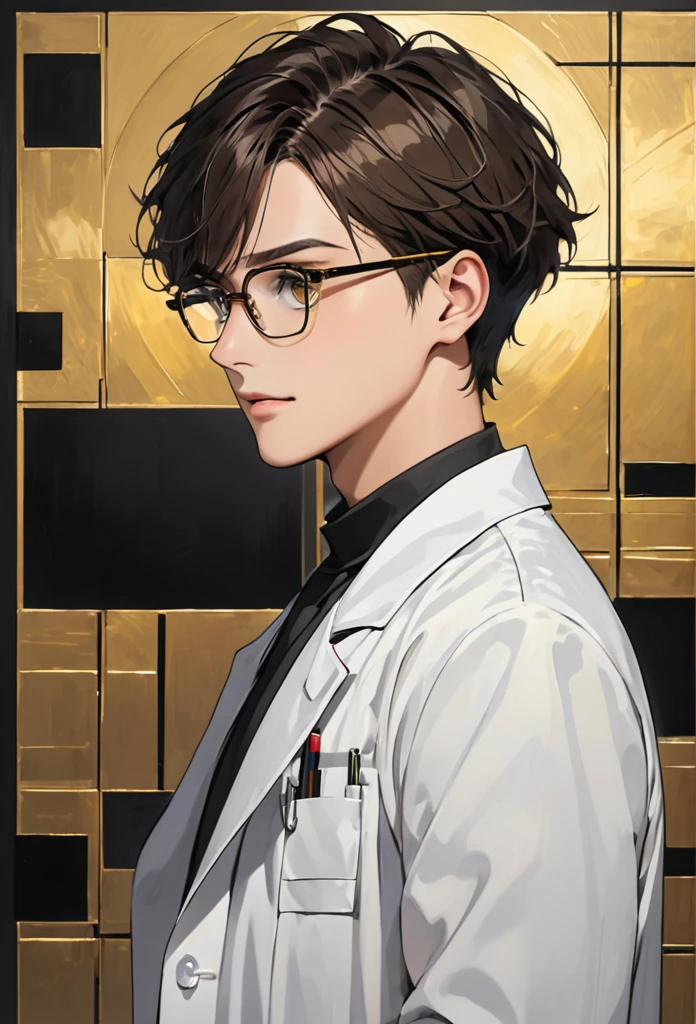 guy, short hair, brunette, very short hair, golden eyes, black square-rimmed glasses, white coat, doctor's coat 