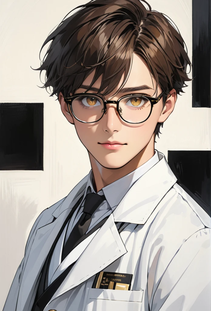 guy, short hair, brunette, very short hair, golden eyes, black square-rimmed glasses, white coat, doctor's coat