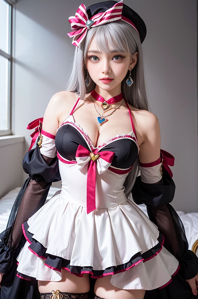 NSFW,silver hair,hair above one eye,pink eyes,((magical girl costume)),detached sleeves,beret,ribbon,Heart Pendant,earrings,(masterpiece,Highest image quality,best quality