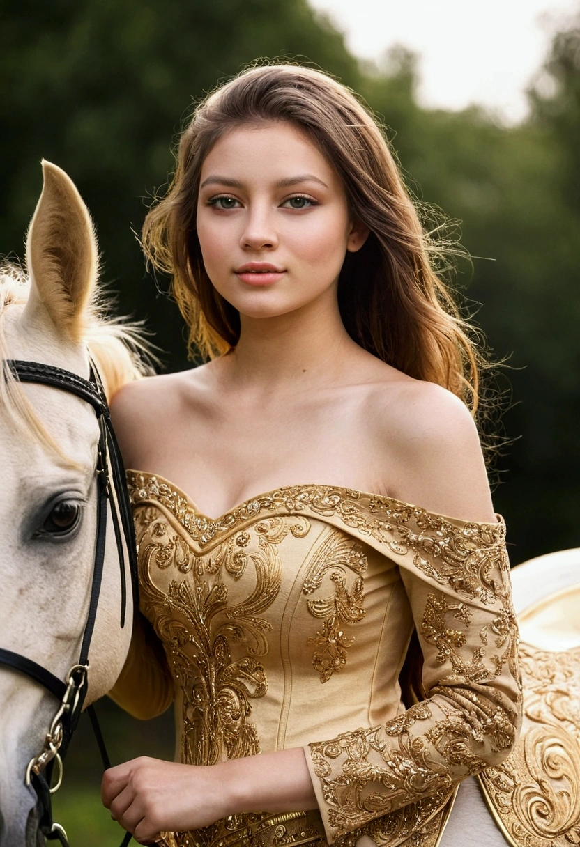 Beautiful girl in off shoulder top on a golden horse 