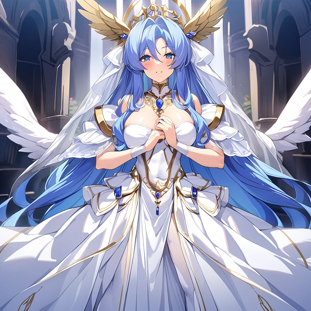 ((Highest quality)), ((masterpiece)), (detailed), (Perfect Face)、The woman embraced the great, strong, bearded old man, chief god Zeus, and they kissed in oath, celebrating their wedding in heaven.、Women are messengers of God and great angels.6Archangel and goddess Extia with wings and a shining halo above her head.、The woman is the beautiful Queen of the Gods, Goddess Extia, with medium-long blue hair. She is wearing a gorgeous white wedding dress with gold embroidery and trim, a white wedding veil, an engagement ring, and gorgeous accessories. She is an elegant goddess and a beautiful queen of the gods.