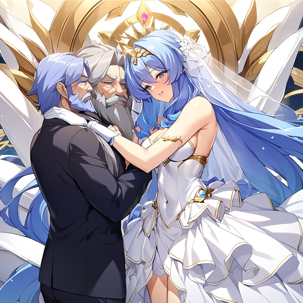 ((Highest quality)), ((masterpiece)), (detailed), (Perfect Face)、The woman embraced the great, strong, bearded old man, chief god Zeus, and they kissed in oath, celebrating their wedding in heaven.、Women are messengers of God and great angels.6Archangel and goddess Extia with wings and a shining halo above her head.、The woman is the beautiful Queen of the Gods, Goddess Extia, with medium-long blue hair. She is wearing a gorgeous white wedding dress with gold embroidery and trim, a white wedding veil, an engagement ring, and gorgeous accessories. She is an elegant goddess and a beautiful queen of the gods.