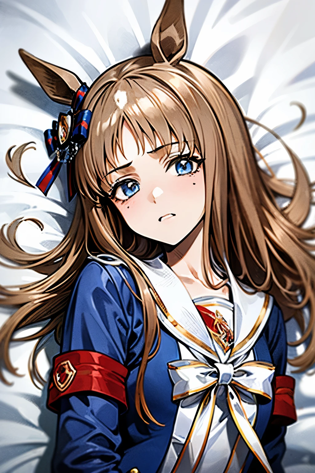 grass wonder \(umamusume\), 1 girl, Solo, Cute Girl,Best Quality, Ultra-detailed, 8K, High resolution, detailed face, lying on the bed, on back, upper body, blue jacket, sailor collared jacket, scared, 
