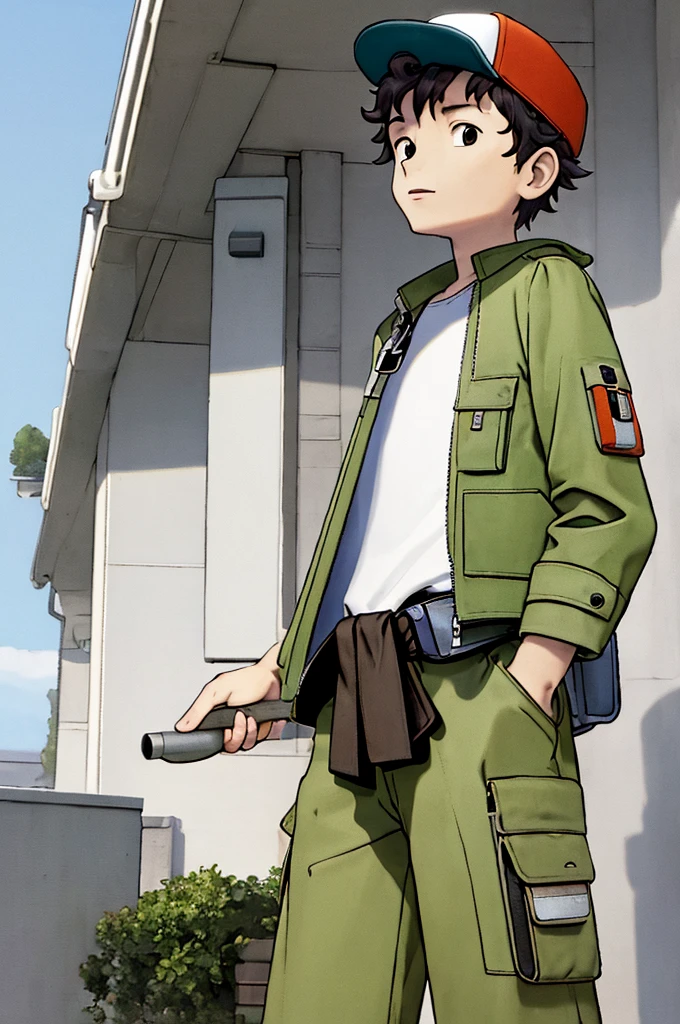 (((Masterpiece))), best quality, cowboy shot, perfect anatomy, (realistic faces), realistic anatomy, painterly, 1boy, (((shota))), solo, fanny pack, wavy hair, short hair, jacket, three quarter view, simple background, white background, hand in pocket, cap