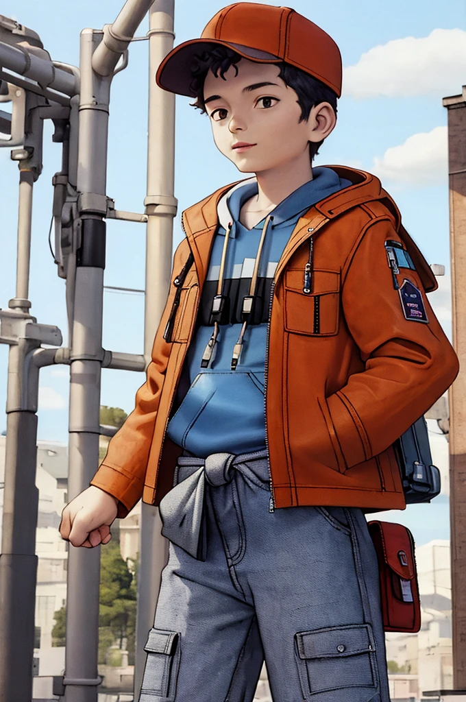 (((Masterpiece))), best quality, cowboy shot, perfect anatomy, (realistic faces), realistic anatomy, painterly, 1boy, (((shota))), solo, fanny pack, wavy hair, short hair, jacket, three quarter view, simple background, white background, hand in pocket, cap