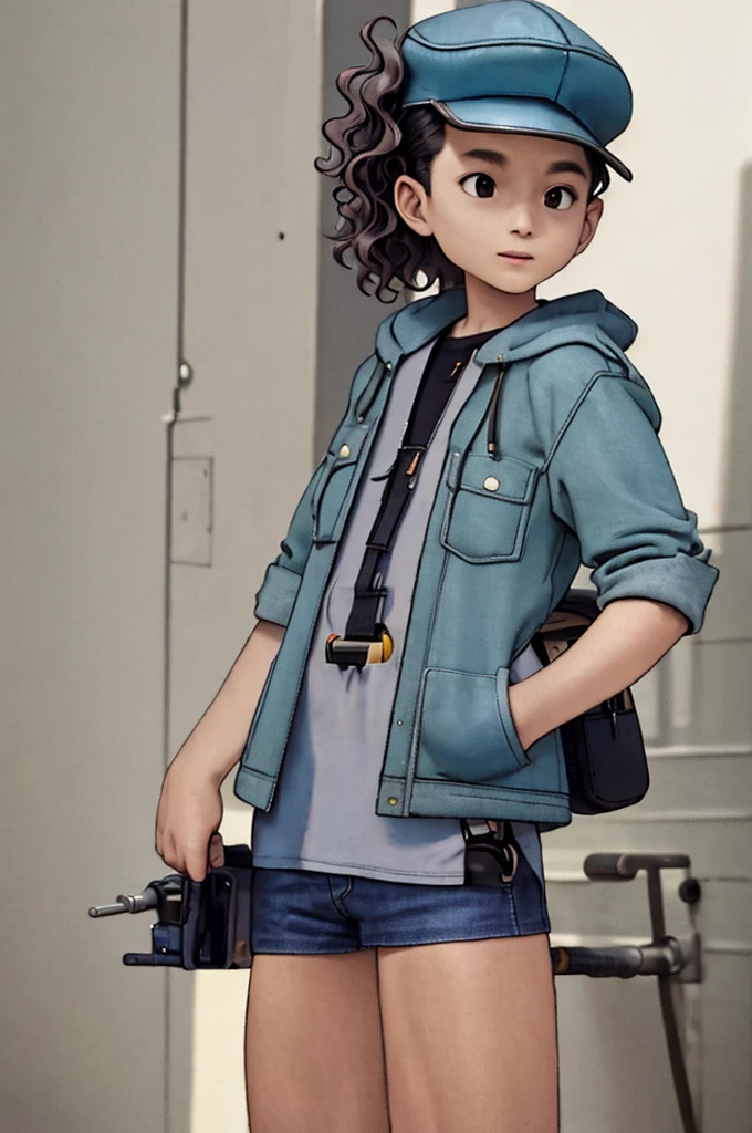 (((Masterpiece))), best quality, cowboy shot, perfect anatomy, (realistic faces), realistic anatomy, painterly, 1boy, ((())), solo, fanny pack, wavy hair, short hair, jacket, three quarter view, simple background, white background, hand in pocket, cap