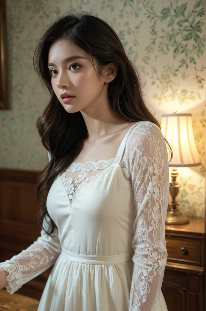 a stunningly realistic, high resolution 8K photo of a beautiful 30-year-old woman, ((messy side wave long hair)), and a glamorous figure, dramatic lighting, masterpiece, immersive atmosphere, chiaroscuro:(1.5, bright light:1.2, luminous lighting), (background blur:1.5), blurring, best quality, photorealistic, ultra-detailed, HDR, physically-based rendering, studio lighting, vivid colors, bokeh, (real skin texture:1.3), high contrast, (Fuji Color:1.5), Film grain, seductive detailed eyes and face, dynamic lighting, in the dark, deep shadow, low key, cowboy shot, Light on Face, very detailed lips, Detailed eyes, City Street,hyperdetailed face, very detailed lips, Detailed eyes, (Wear clothes that show the lines of your body),(Lace costumes:1.2), Retro atmosphere, perhaps vintage decor with pastel colors. An old living room with walls decorated with retro wallpaper, wooden furniture, vintage accessories. A warm and intimate atmosphere.