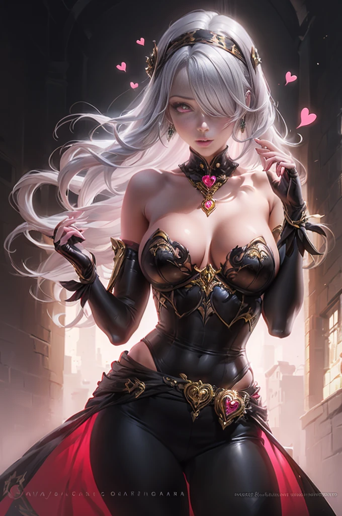 NSFW,silver hair,hair above one eye,pink eyes,((magical girl costume)),detached sleeves,beret,ribbon,Heart Pendant,earrings,(masterpiece,Highest image quality,best quality