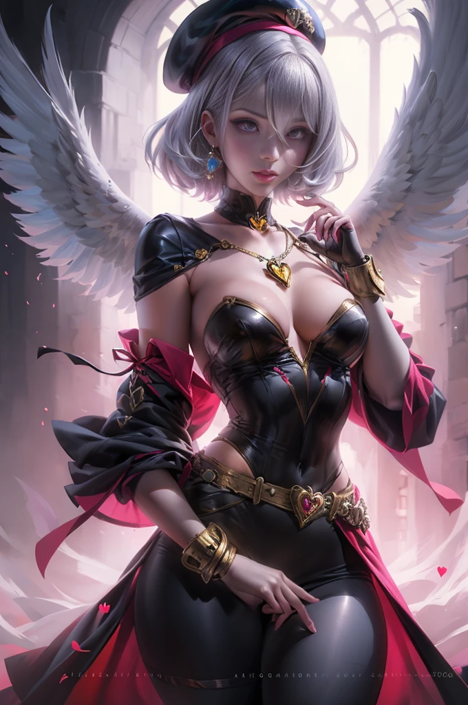 NSFW,silver hair,hair above one eye,pink eyes,((magical girl costume)),detached sleeves,beret,ribbon,Heart Pendant,earrings,(masterpiece,Highest image quality,best quality