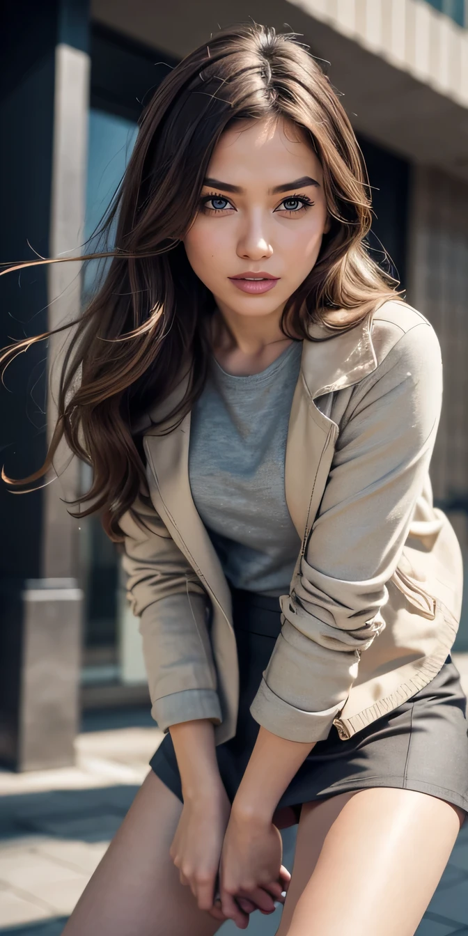 beautiful girl, Brown Hair , White T-shirt, Grey coat, Knee-length skirt、tights、pumps、smile、Detailed aspect, Detail Eyes, Expressive Face, Expressive eyes, Mouth swelling. High resolution,Ultra-detailed body, Hype realistic, Realistic, The background is the building's corridor.