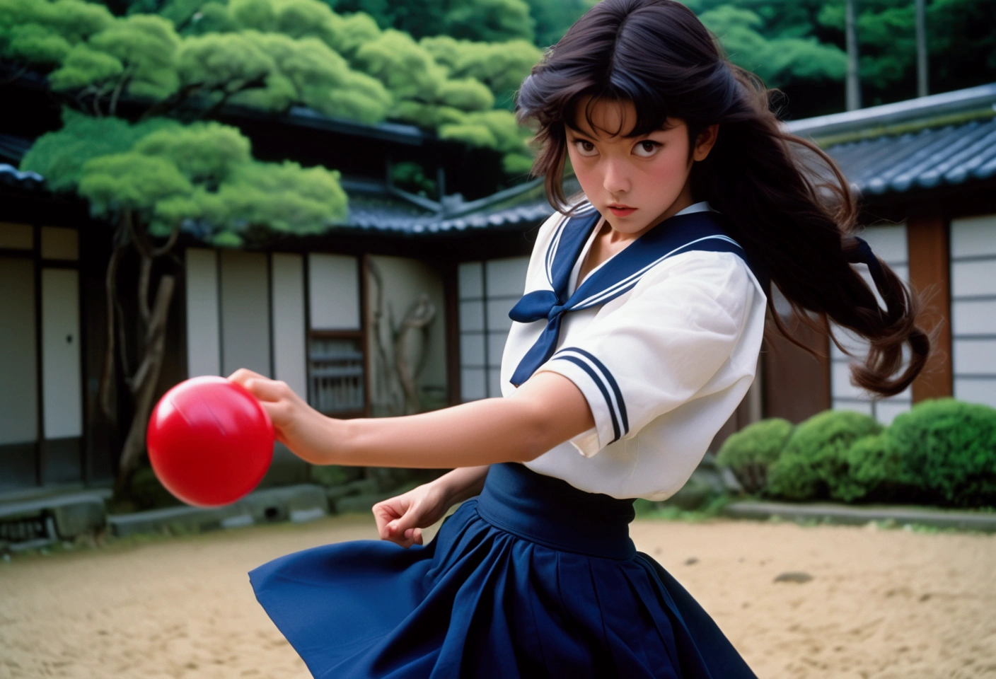 A cinematic film still of Sukeban Deka, wearing dark blue Sailor Fuku long skirt, punching with a toy yoyo in her hand, 80s Japanese Drama. Canon 5d Mark 4, Kodak Ektar, 35mm