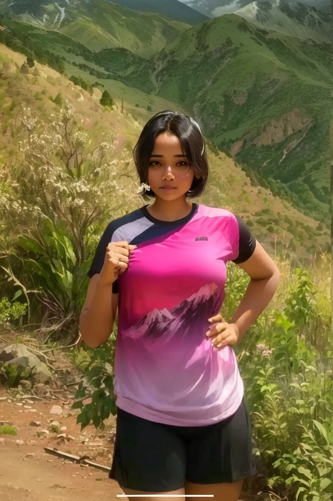 Women jersey a pink colours with mountains as background, nivanh chanthara, in the mountains, big bobs, bobs, bobs,